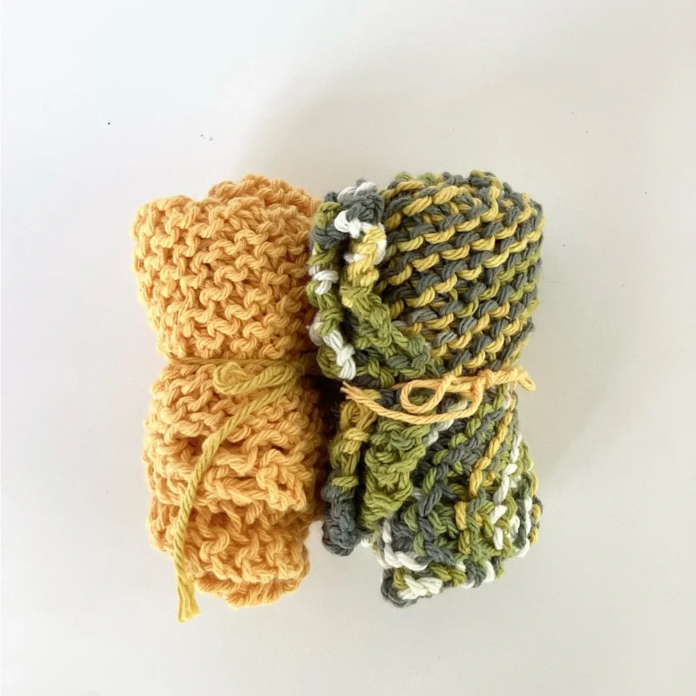 Dishcloth Washcloth Hand Crafted Gold Green Knit Cotton Rustic